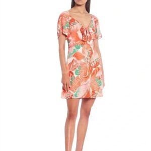 Gianni Bini Tropical Flounce Short Sleeve Tie Front Mini Dress